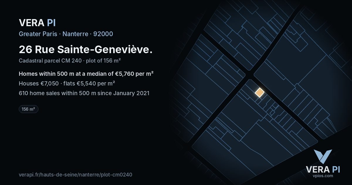 26 Rue Sainte-Geneviève, Nanterre at night – the plot lit, the parcels around coloured by the prices near them