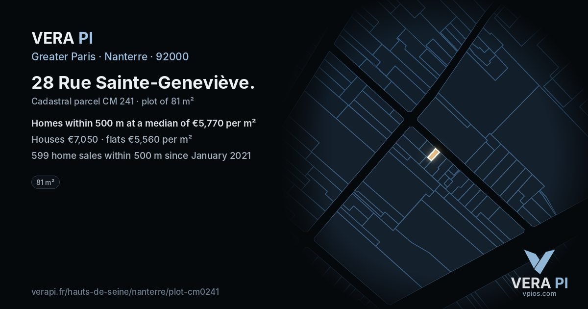 28 Rue Sainte-Geneviève, Nanterre at night – the plot lit, the parcels around coloured by the prices near them