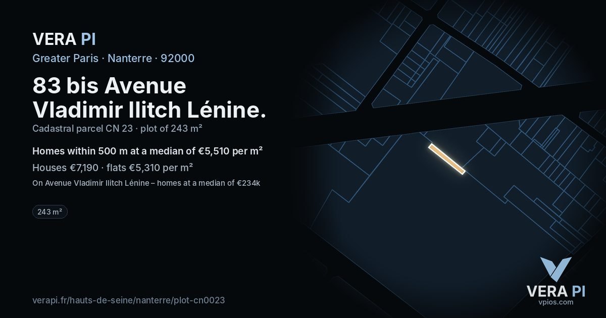 83 bis Avenue Vladimir Ilitch Lénine, Nanterre at night – the plot lit, the parcels around coloured by the prices near them