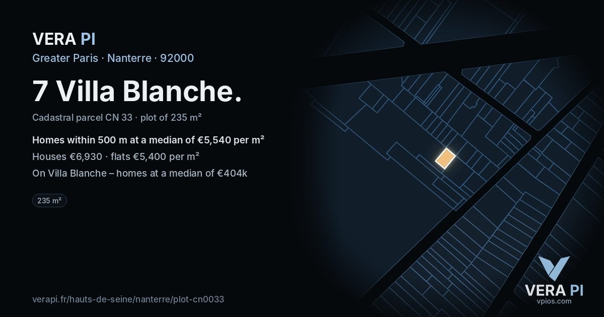7 Villa Blanche, Nanterre at night – the plot lit, the parcels around coloured by the prices near them
