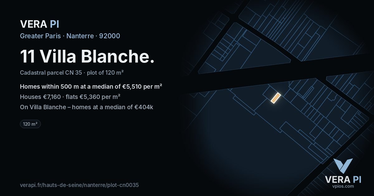 11 Villa Blanche, Nanterre at night – the plot lit, the parcels around coloured by the prices near them