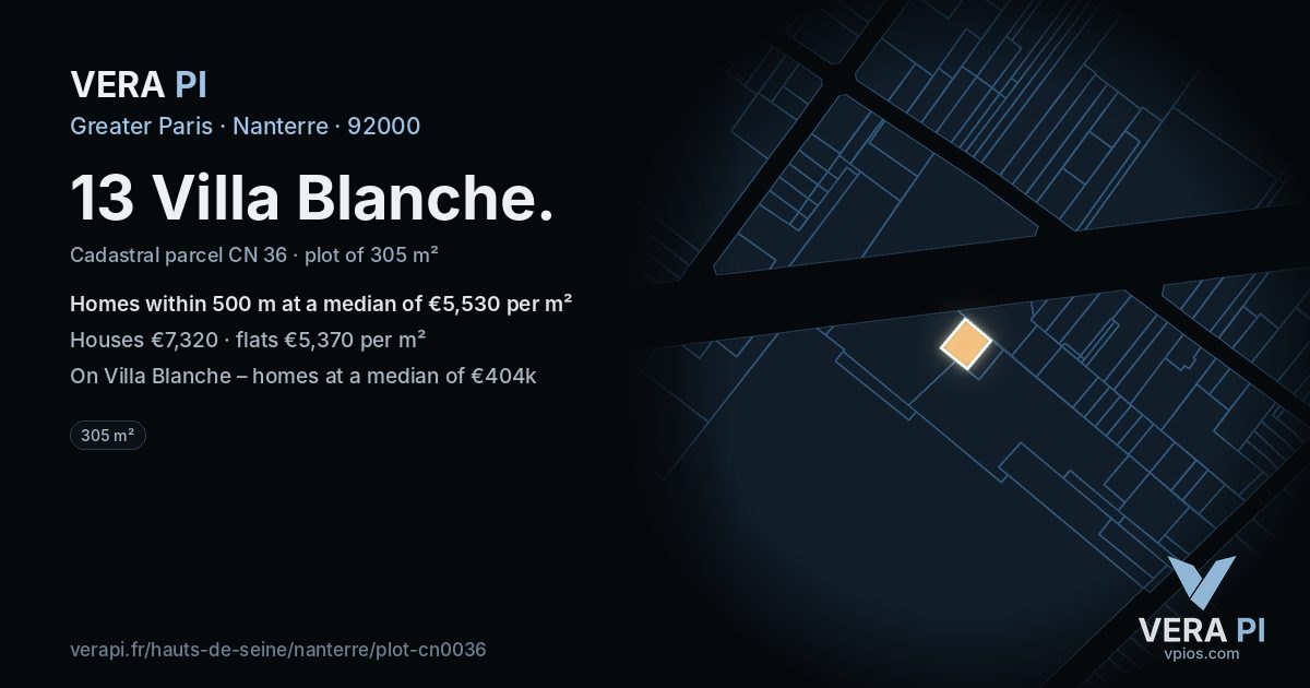 13 Villa Blanche, Nanterre at night – the plot lit, the parcels around coloured by the prices near them