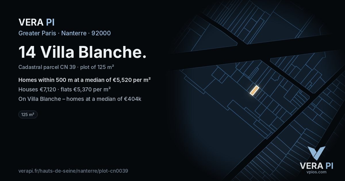 14 Villa Blanche, Nanterre at night – the plot lit, the parcels around coloured by the prices near them