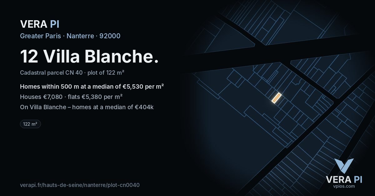 12 Villa Blanche, Nanterre at night – the plot lit, the parcels around coloured by the prices near them