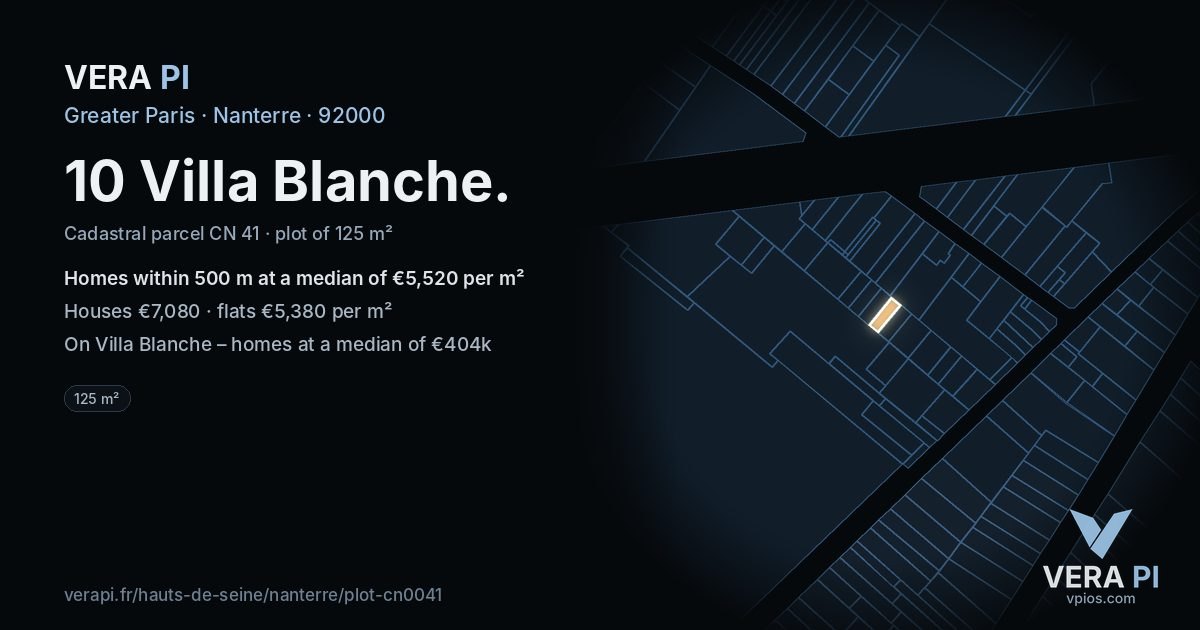 10 Villa Blanche, Nanterre at night – the plot lit, the parcels around coloured by the prices near them