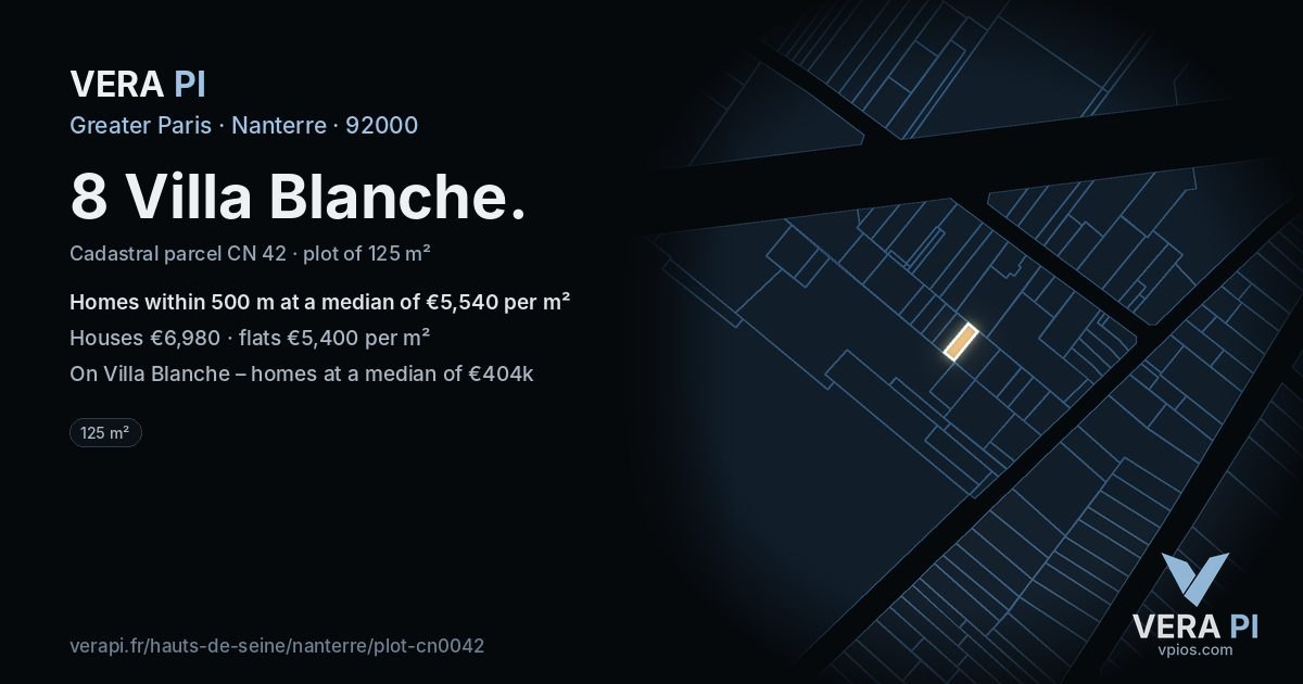 8 Villa Blanche, Nanterre at night – the plot lit, the parcels around coloured by the prices near them