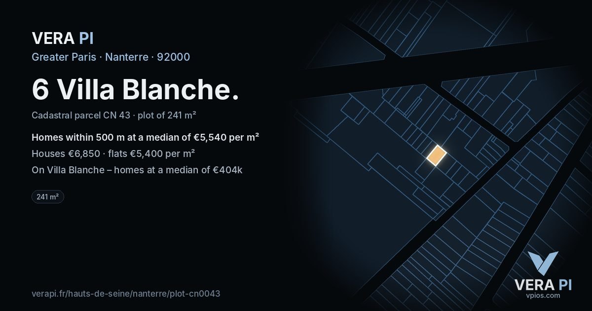 6 Villa Blanche, Nanterre at night – the plot lit, the parcels around coloured by the prices near them