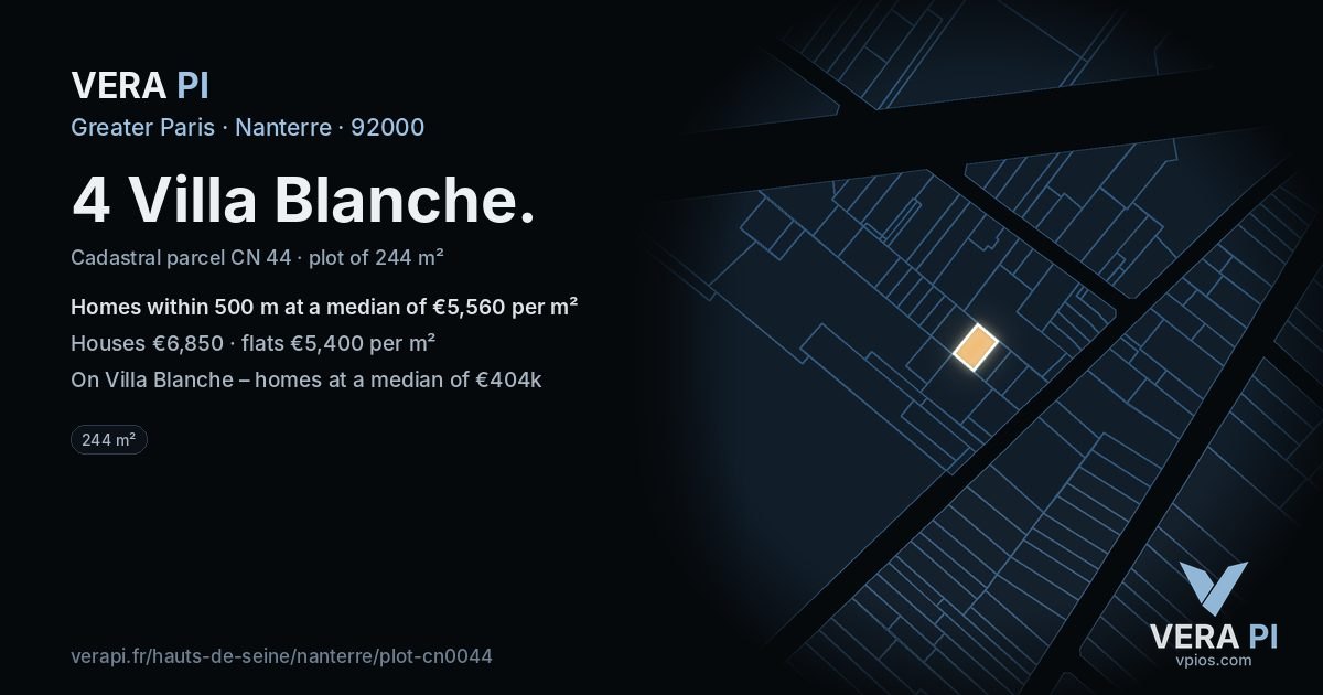 4 Villa Blanche, Nanterre at night – the plot lit, the parcels around coloured by the prices near them