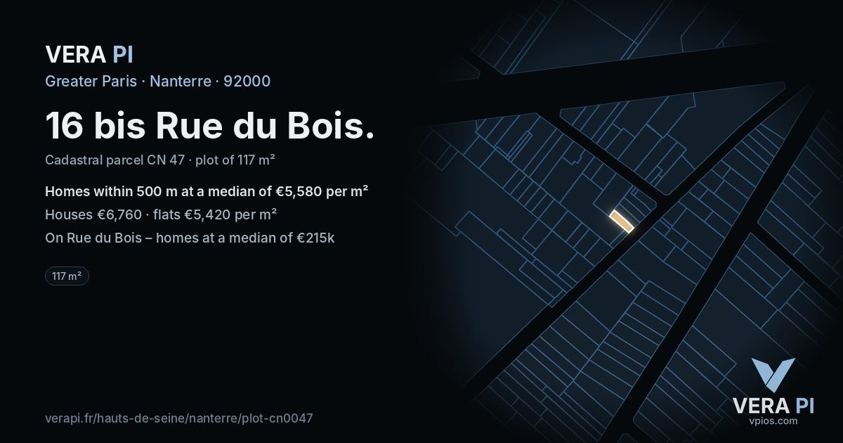 16 bis Rue du Bois, Nanterre at night – the plot lit, the parcels around coloured by the prices near them