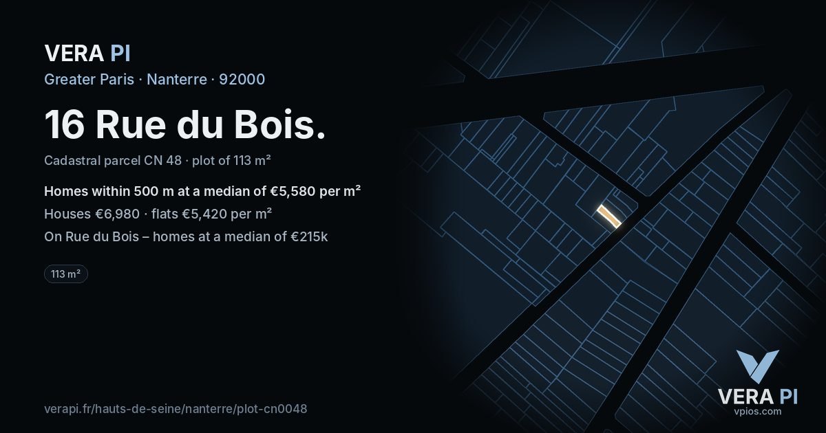 16 Rue du Bois, Nanterre at night – the plot lit, the parcels around coloured by the prices near them
