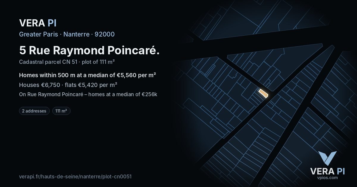5 Rue Raymond Poincaré, Nanterre at night – the plot lit, the parcels around coloured by the prices near them