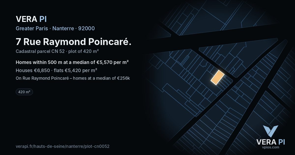 7 Rue Raymond Poincaré, Nanterre at night – the plot lit, the parcels around coloured by the prices near them