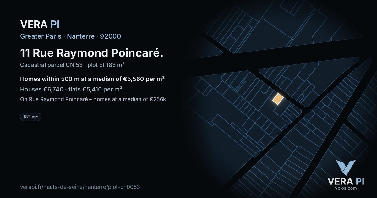 11 Rue Raymond Poincaré, Nanterre at night – the plot lit, the parcels around coloured by the prices near them