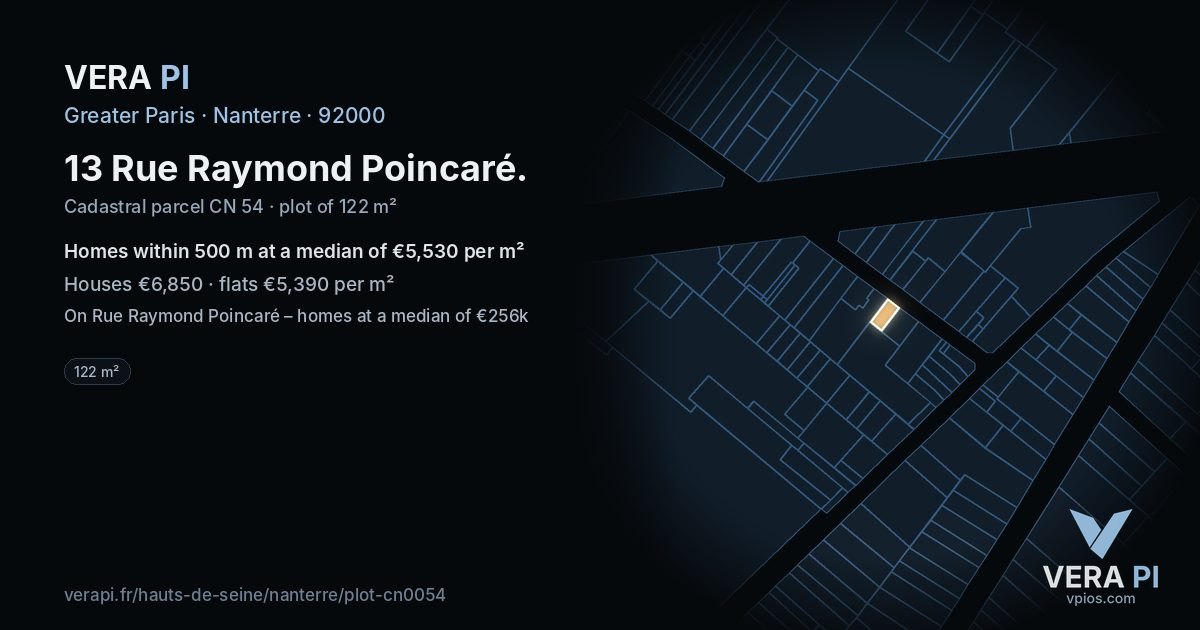 13 Rue Raymond Poincaré, Nanterre at night – the plot lit, the parcels around coloured by the prices near them