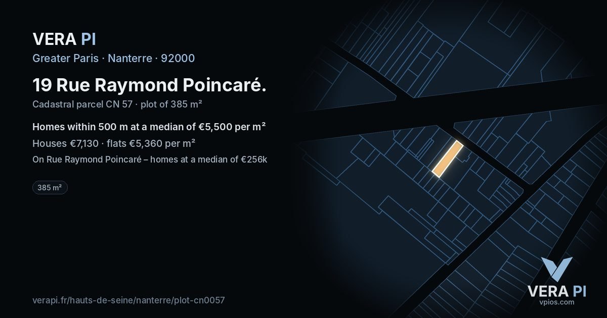19 Rue Raymond Poincaré, Nanterre at night – the plot lit, the parcels around coloured by the prices near them
