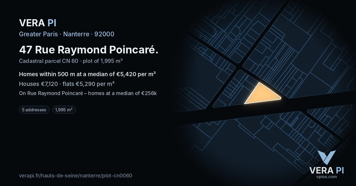 47 Rue Raymond Poincaré, Nanterre at night – the plot lit, the parcels around coloured by the prices near them