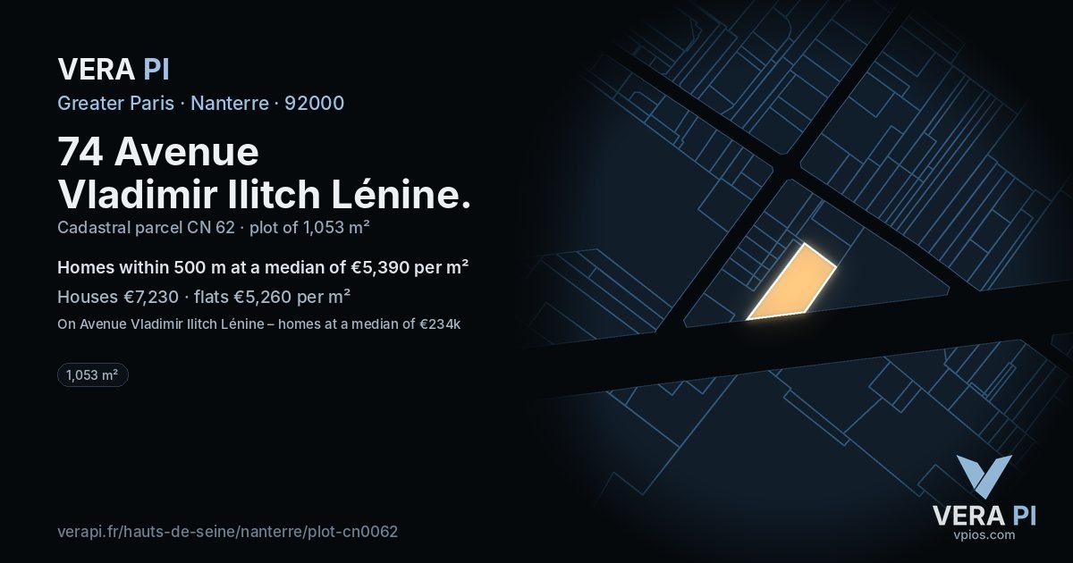 74 Avenue Vladimir Ilitch Lénine, Nanterre at night – the plot lit, the parcels around coloured by the prices near them