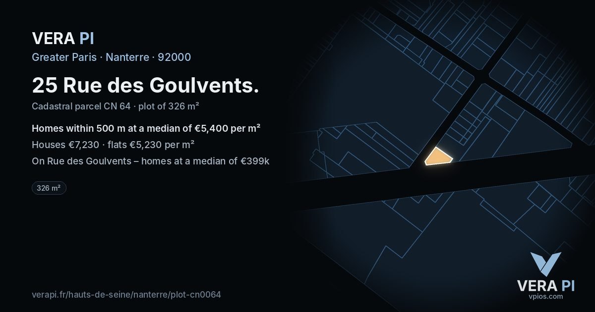 25 Rue des Goulvents, Nanterre at night – the plot lit, the parcels around coloured by the prices near them