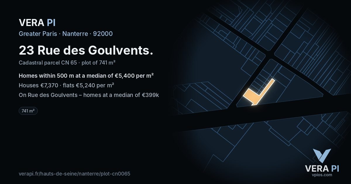 23 Rue des Goulvents, Nanterre at night – the plot lit, the parcels around coloured by the prices near them