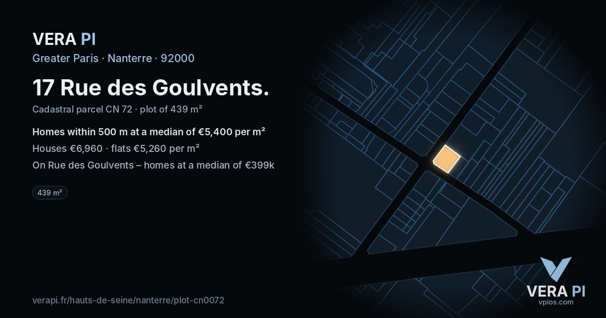 17 Rue des Goulvents, Nanterre at night – the plot lit, the parcels around coloured by the prices near them