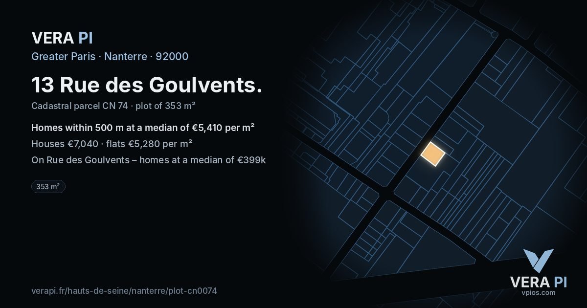 13 Rue des Goulvents, Nanterre at night – the plot lit, the parcels around coloured by the prices near them
