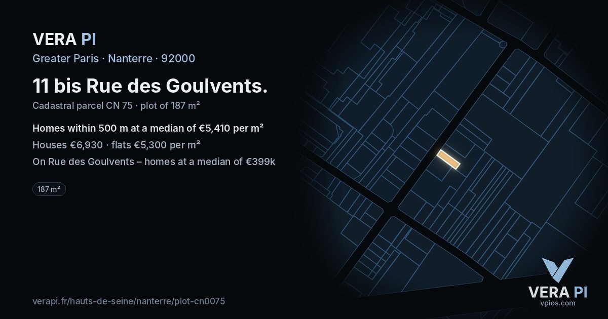 11 bis Rue des Goulvents, Nanterre at night – the plot lit, the parcels around coloured by the prices near them