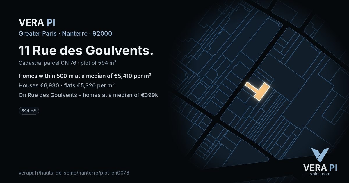 11 Rue des Goulvents, Nanterre at night – the plot lit, the parcels around coloured by the prices near them