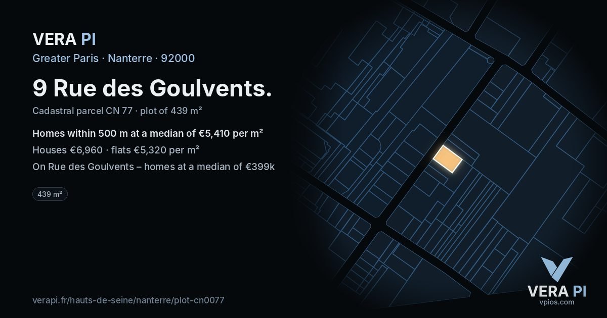 9 Rue des Goulvents, Nanterre at night – the plot lit, the parcels around coloured by the prices near them