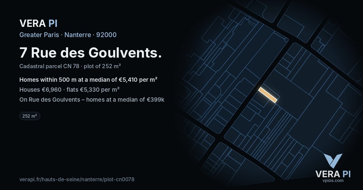 7 Rue des Goulvents, Nanterre at night – the plot lit, the parcels around coloured by the prices near them