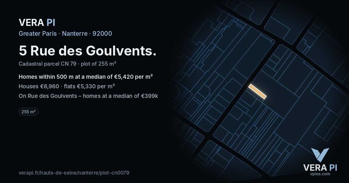 5 Rue des Goulvents, Nanterre at night – the plot lit, the parcels around coloured by the prices near them