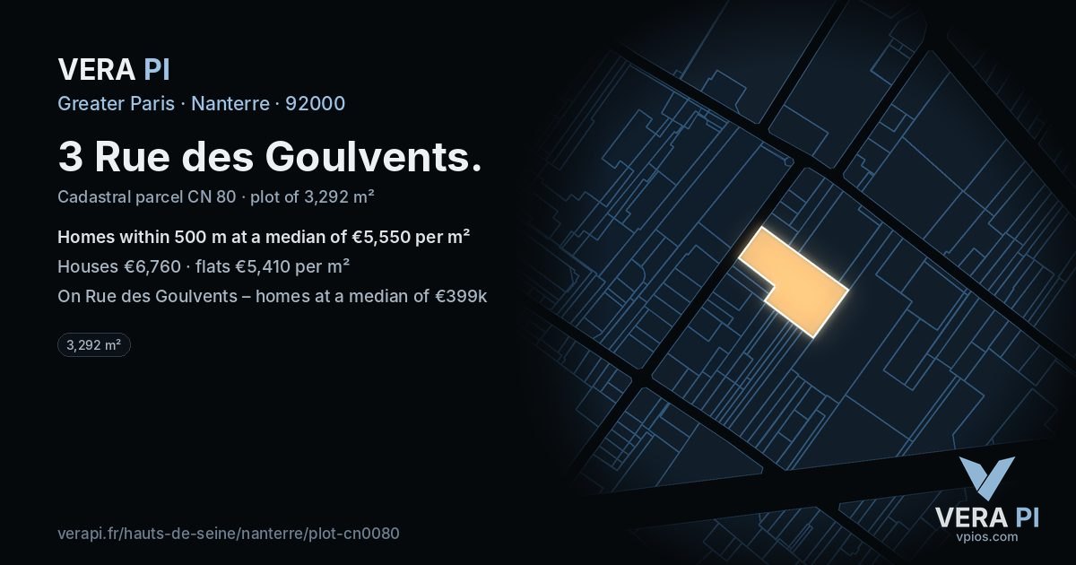 3 Rue des Goulvents, Nanterre at night – the plot lit, the parcels around coloured by the prices near them