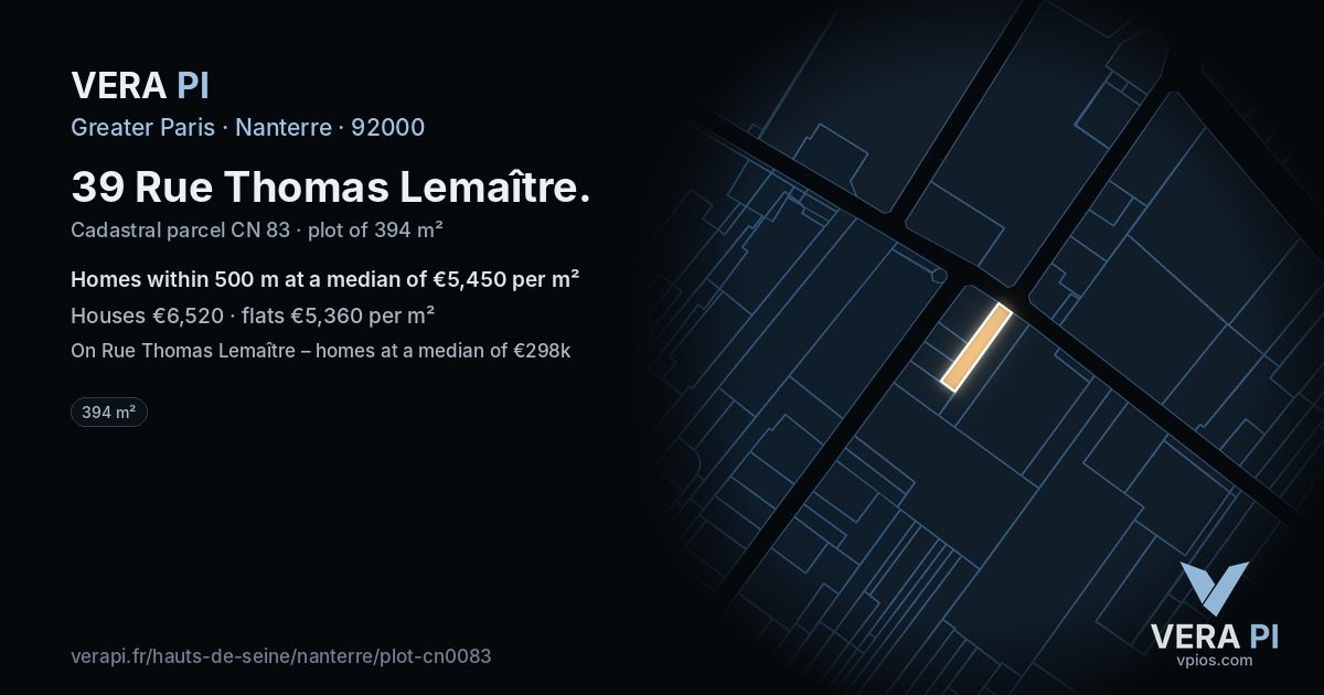 39 Rue Thomas Lemaître, Nanterre at night – the plot lit, the parcels around coloured by the prices near them
