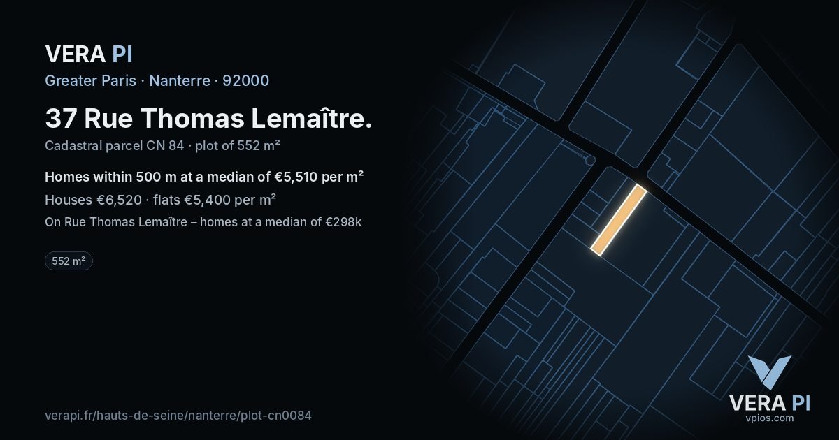 37 Rue Thomas Lemaître, Nanterre at night – the plot lit, the parcels around coloured by the prices near them