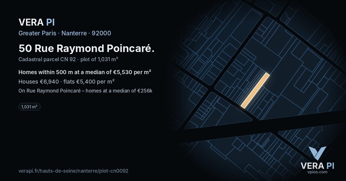 50 Rue Raymond Poincaré, Nanterre at night – the plot lit, the parcels around coloured by the prices near them