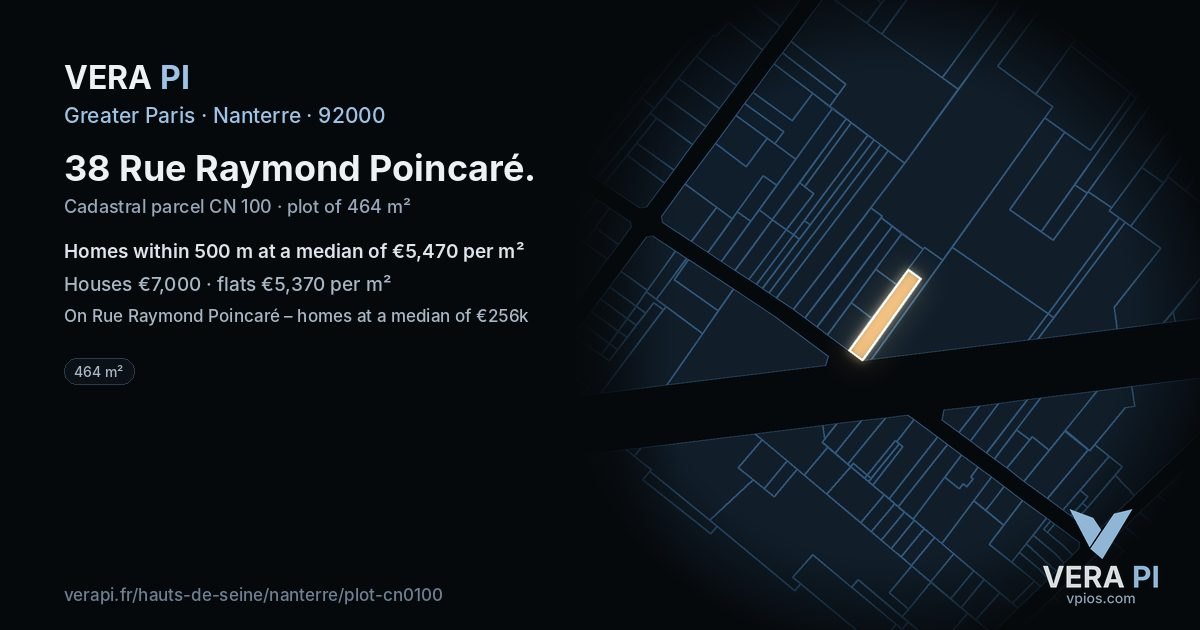 38 Rue Raymond Poincaré, Nanterre at night – the plot lit, the parcels around coloured by the prices near them