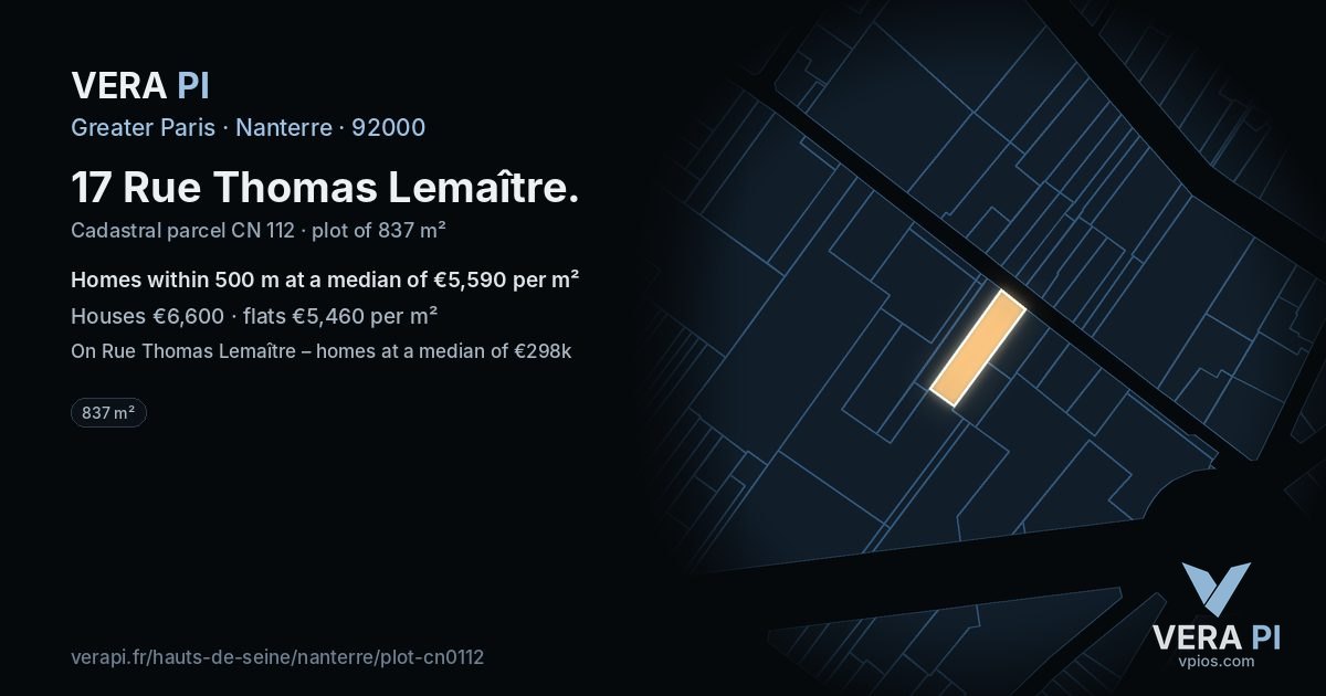 17 Rue Thomas Lemaître, Nanterre at night – the plot lit, the parcels around coloured by the prices near them