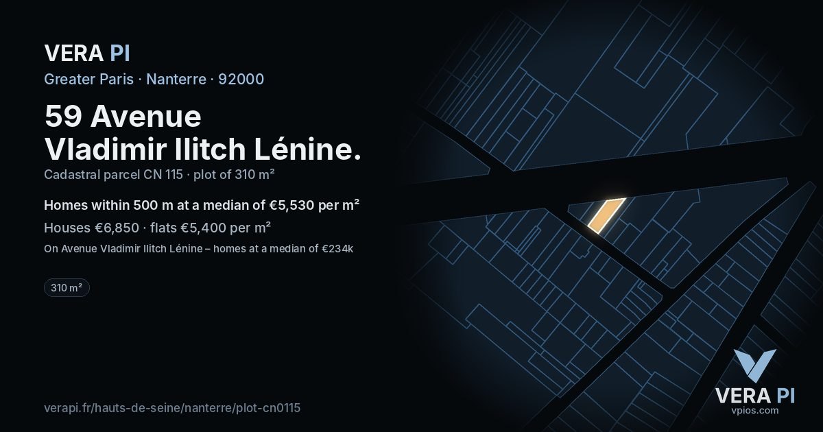 59 Avenue Vladimir Ilitch Lénine, Nanterre at night – the plot lit, the parcels around coloured by the prices near them