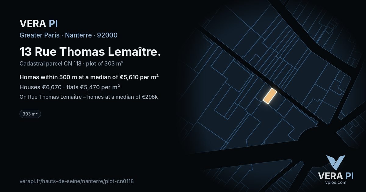 13 Rue Thomas Lemaître, Nanterre at night – the plot lit, the parcels around coloured by the prices near them