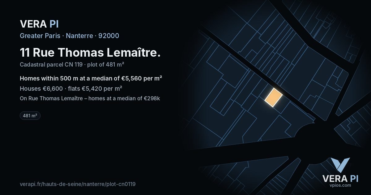 11 Rue Thomas Lemaître, Nanterre at night – the plot lit, the parcels around coloured by the prices near them
