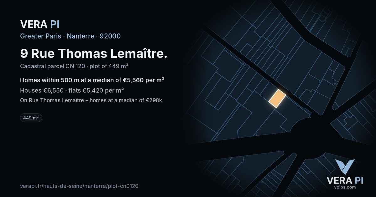 9 Rue Thomas Lemaître, Nanterre at night – the plot lit, the parcels around coloured by the prices near them