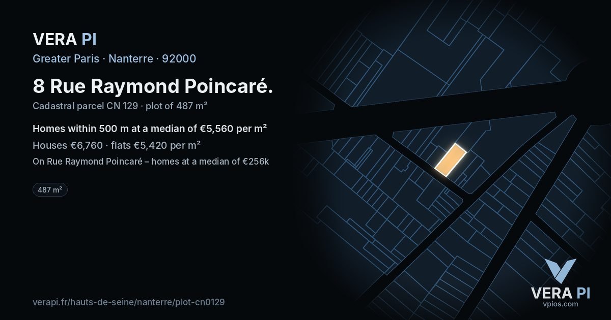 8 Rue Raymond Poincaré, Nanterre at night – the plot lit, the parcels around coloured by the prices near them