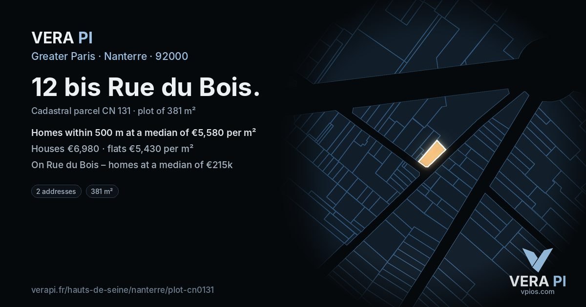 12 bis Rue du Bois, Nanterre at night – the plot lit, the parcels around coloured by the prices near them
