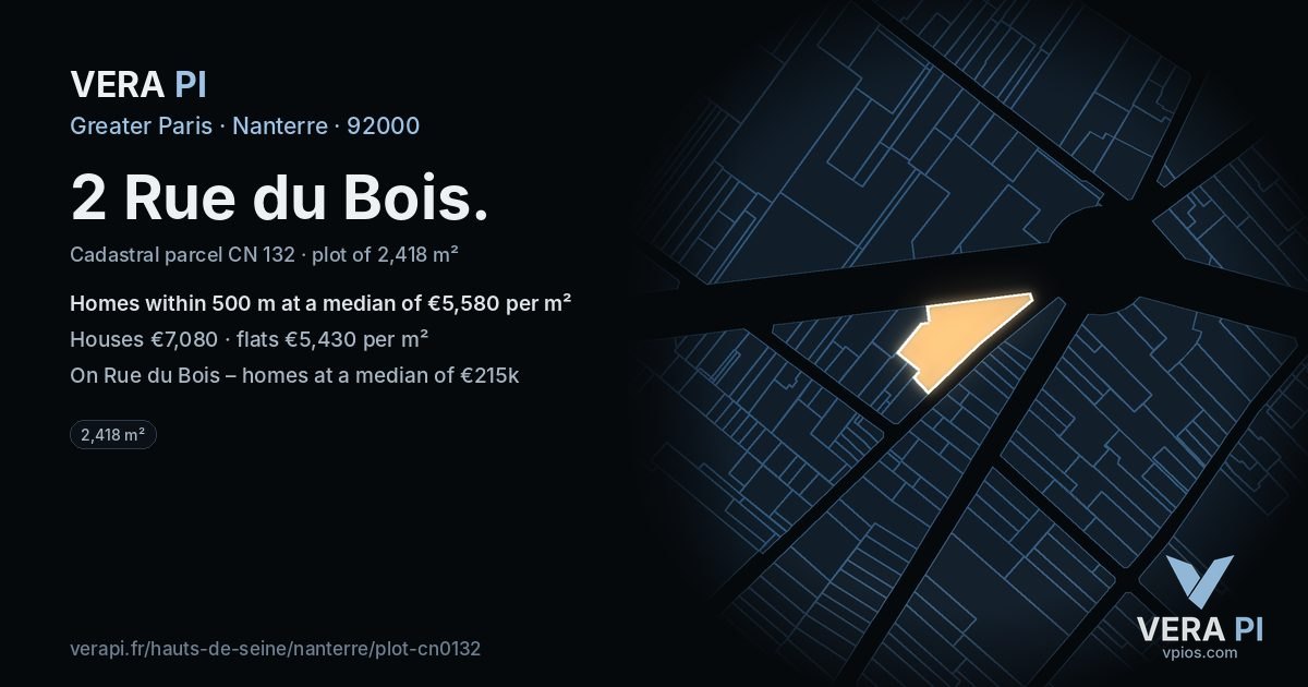 2 Rue du Bois, Nanterre at night – the plot lit, the parcels around coloured by the prices near them