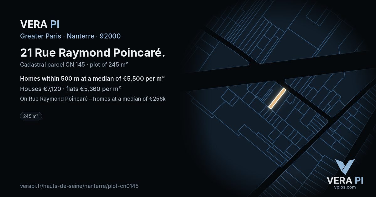 21 Rue Raymond Poincaré, Nanterre at night – the plot lit, the parcels around coloured by the prices near them