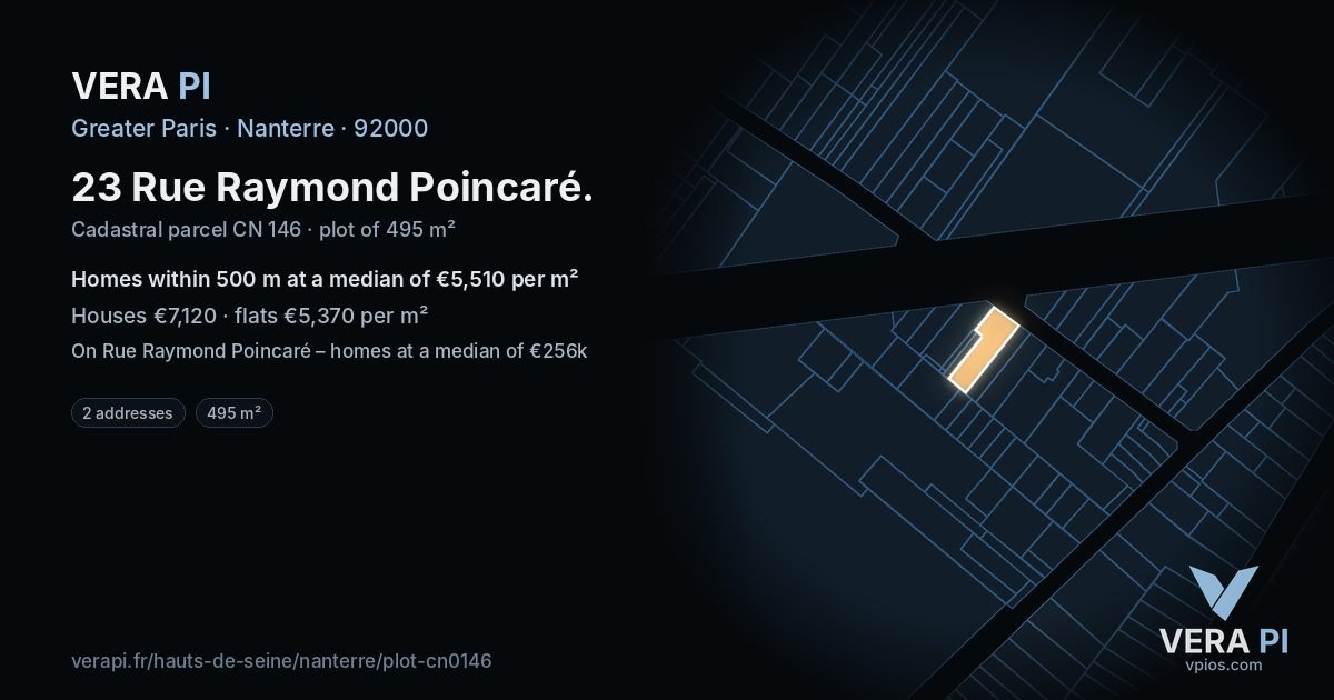 23 Rue Raymond Poincaré, Nanterre at night – the plot lit, the parcels around coloured by the prices near them