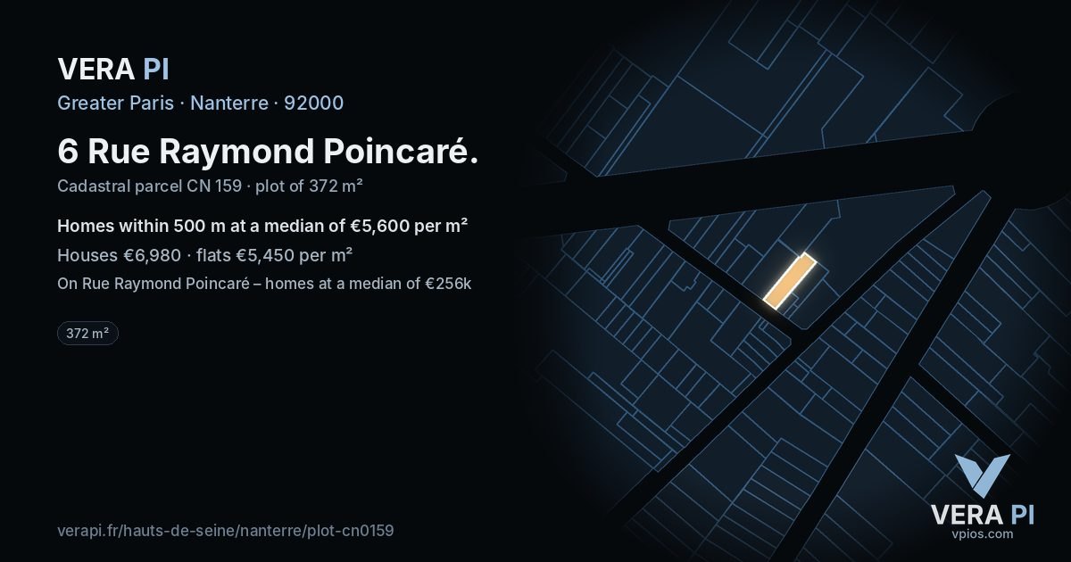 6 Rue Raymond Poincaré, Nanterre at night – the plot lit, the parcels around coloured by the prices near them