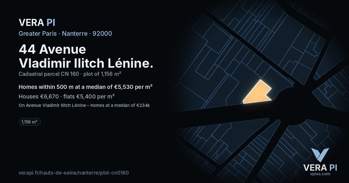 44 Avenue Vladimir Ilitch Lénine, Nanterre at night – the plot lit, the parcels around coloured by the prices near them
