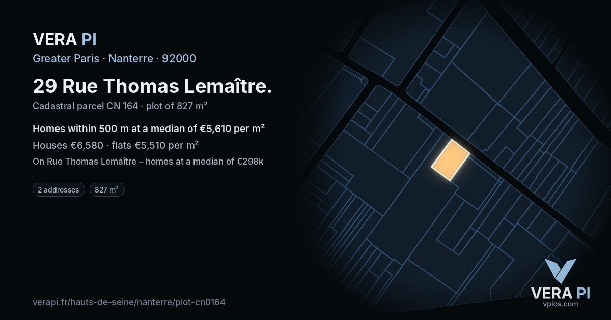 29 Rue Thomas Lemaître, Nanterre at night – the plot lit, the parcels around coloured by the prices near them