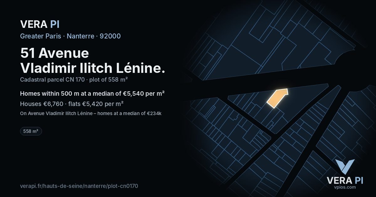 51 Avenue Vladimir Ilitch Lénine, Nanterre at night – the plot lit, the parcels around coloured by the prices near them