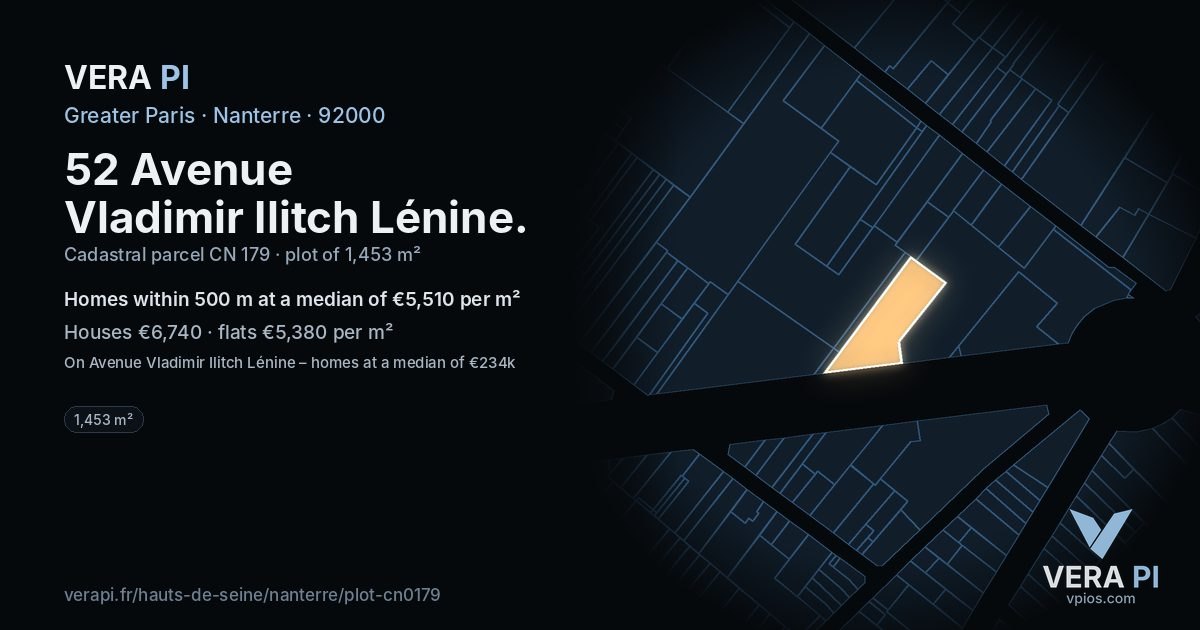 52 Avenue Vladimir Ilitch Lénine, Nanterre at night – the plot lit, the parcels around coloured by the prices near them